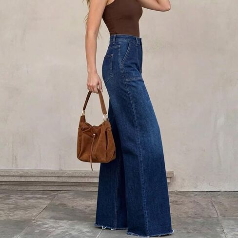 Women's High Waisted Wide Leg Jeans - 70s Retro Patch Pockets, Frayed Raw Hem, Tummy Control Stretch Denim Pants in Kuwait
