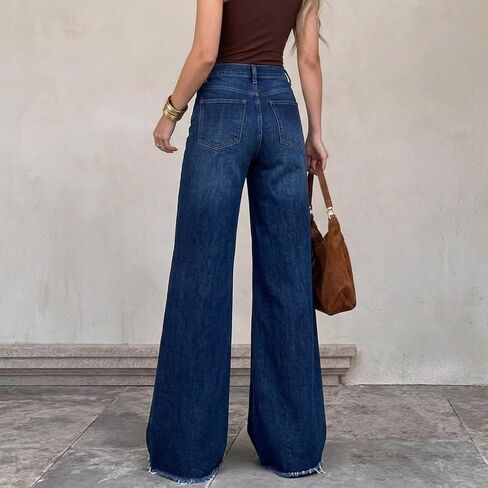 Women's High Waisted Wide Leg Jeans - 70s Retro Patch Pockets, Frayed Raw Hem, Tummy Control Stretch Denim Pants in Kuwait