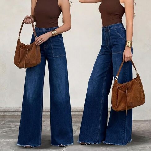 Women's High Waisted Wide Leg Jeans - 70s Retro Patch Pockets, Frayed Raw Hem, Tummy Control Stretch Denim Pants in Kuwait