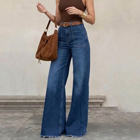 Women's High Waisted Wide Leg Jeans - 70s Retro Patch Pockets, Frayed Raw Hem, Tummy Control Stretch Denim Pants in Kuwait