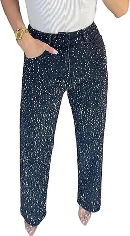 Womens Rhinestone Jeans High Waisted Straight Leg Denim Pants Sparkly Bling Glitter Jeans in Kuwait