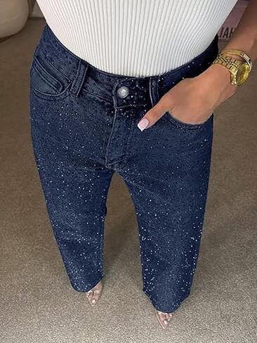 Womens Rhinestone Jeans High Waisted Straight Leg Denim Pants Sparkly Bling Glitter Jeans in Kuwait