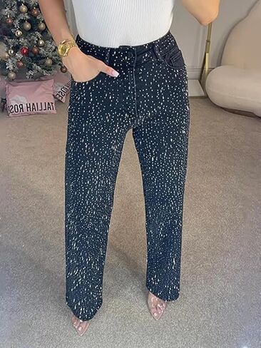 Womens Rhinestone Jeans High Waisted Straight Leg Denim Pants Sparkly Bling Glitter Jeans in Kuwait