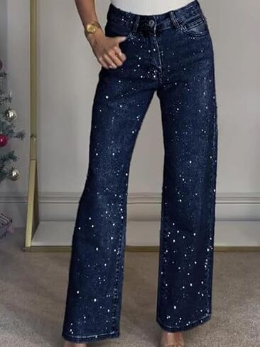 Womens Rhinestone Jeans High Waisted Straight Leg Denim Pants Sparkly Bling Glitter Jeans in Kuwait