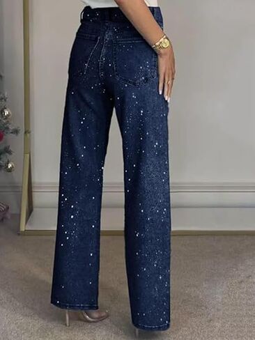 Womens Rhinestone Jeans High Waisted Straight Leg Denim Pants Sparkly Bling Glitter Jeans in Kuwait