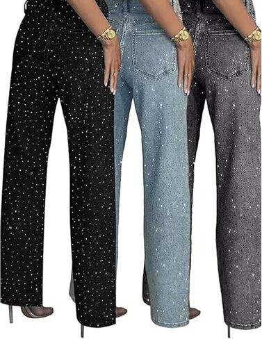 Womens Rhinestone Jeans High Waisted Straight Leg Denim Pants Sparkly Bling Glitter Jeans in Kuwait