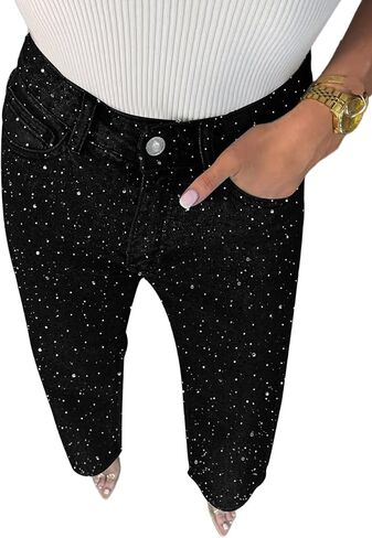 Womens Rhinestone Jeans High Waisted Straight Leg Denim Pants Sparkly Bling Glitter Jeans in Saudi Arabia