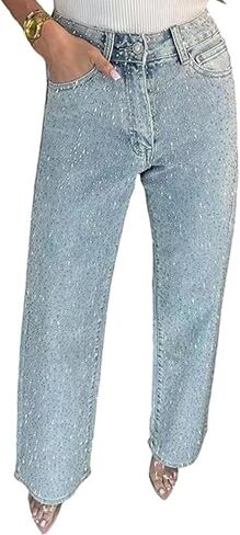 Womens Rhinestone Jeans High Waisted Straight Leg Denim Pants Sparkly Bling Glitter Jeans in Kuwait