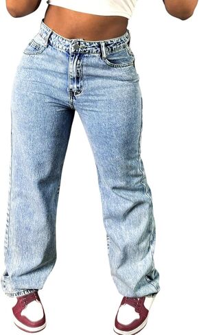 Jeans for Women Trendy Straight Wide Leg Denim Pants Vintage wash Boyfriend Casual Pockets Loose Fit in Kuwait