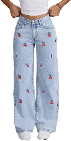 Stylish Women's Straight-Leg Wide-Leg Jeans with Cherry Print Design and Pockets in Kuwait
