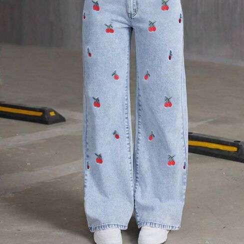 Stylish Women's Straight-Leg Wide-Leg Jeans with Cherry Print Design and Pockets in Kuwait