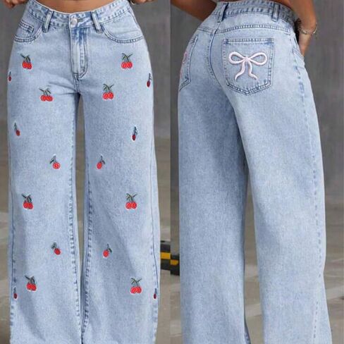 Stylish Women's Straight-Leg Wide-Leg Jeans with Cherry Print Design and Pockets in Kuwait