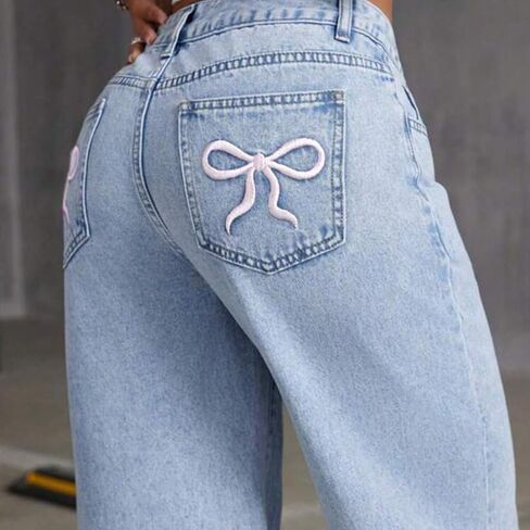 Stylish Women's Straight-Leg Wide-Leg Jeans with Cherry Print Design and Pockets in Kuwait