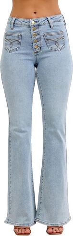 Judy Blue Women's Mid Rise Patch Pocket Button Fly Flare Leg Jeans in Kuwait