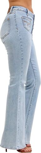 Judy Blue Women's Mid Rise Patch Pocket Button Fly Flare Leg Jeans in Kuwait
