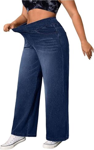 GORGLITTER Women's Plus Size Stretchy Jeans Casual Baggy Wide Leg Denim Pants High Elastic Waist Trousers Pants Bottoms in Kuwait