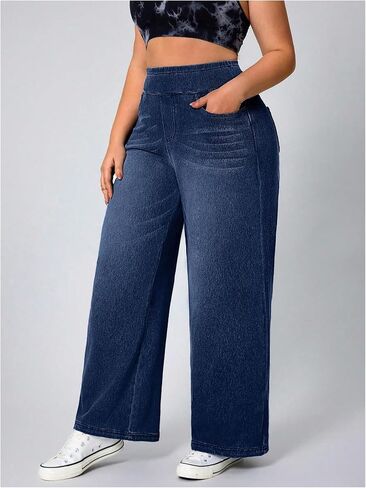 GORGLITTER Women's Plus Size Stretchy Jeans Casual Baggy Wide Leg Denim Pants High Elastic Waist Trousers Pants Bottoms in Kuwait