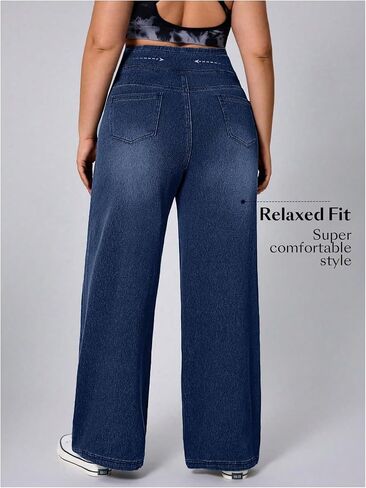 GORGLITTER Women's Plus Size Stretchy Jeans Casual Baggy Wide Leg Denim Pants High Elastic Waist Trousers Pants Bottoms in Kuwait