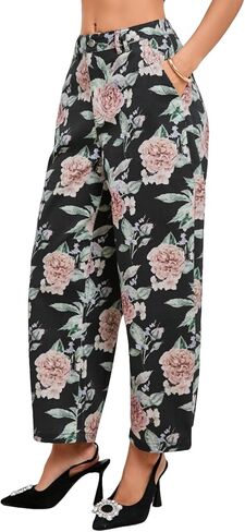 Women Floral Embroidered Barrel Jeans Wide Leg Mid Rise Boyfriend Baggy Denim Ankle Pants with Pockets in Kuwait