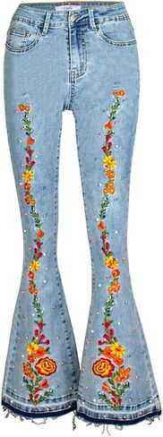 Women's Wide-Leg Denim Pants with a Stylish Floral Embroidered Bell Bottom Flare Jeans in Saudi Arabia