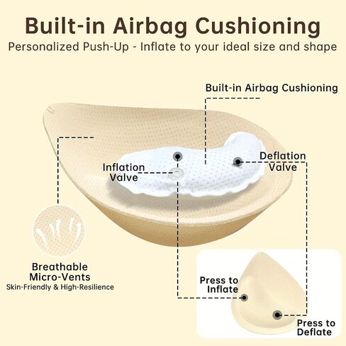 Push Up Bra Pads Inserts for Women – Adjustable Inflatable Air Pads with Built-in Pump to Add 2 Cup Sizes – Custom Thickness for Asymmetric Support, Breathable & Comfortable, Reusable (Beige) in Saudi Arabia
