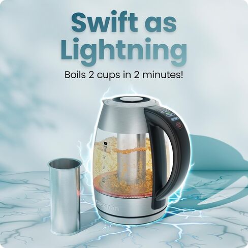CHEFMAN Lightning High-Powered Electric Kettle, 1.8L 1750W, Rapid Boil 2 Cups in 2 Minutes, BPA Free Cordless Tea Kettle with Digital Temperature Control and 1-Hour Keep Hot – Stainless Steel in Kuwait