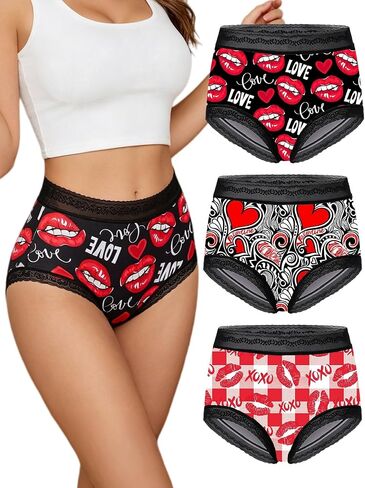 Dircho Women's Gothic Boy Short Panties, 3 Pack Heart & Lip Print Underwear, Romantic Stretchy Lace Trims Brief in Kuwait