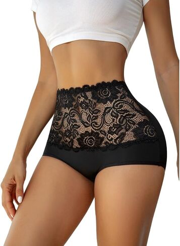 1PCS Women’s High-Waisted Lace Panties black– Elegant Comfortable Briefs with Tummy Control in Kuwait