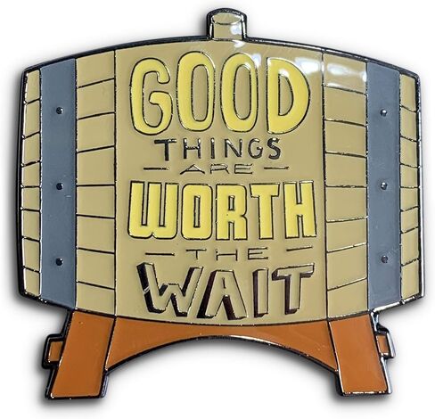 Whiskey Lapel Pin, "Good Things are Worth the Wait" Whisky or Wine Barrel Enamel Pin for Cocktail or Bartending Apron in Saudi Arabia