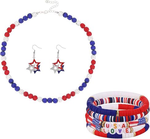 Fourth Of July Earrings Rhinestone American Flag USA Earrings Necklaces Stackable Bracelets Memorial Day Jewelry Set 3PCS in Saudi Arabia