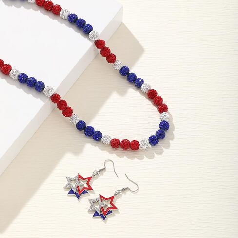 Fourth Of July Earrings Rhinestone American Flag USA Earrings Necklaces Stackable Bracelets Memorial Day Jewelry Set 3PCS in Saudi Arabia