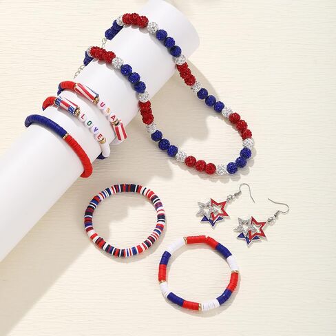 Fourth Of July Earrings Rhinestone American Flag USA Earrings Necklaces Stackable Bracelets Memorial Day Jewelry Set 3PCS in Saudi Arabia