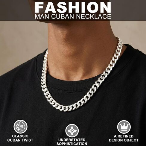 S925 Sterling Silver Cuban Chain Necklace for Men - 12MM S925 Sterling Silver Over Cuban Chain Necklace Diamond Cut Silver Necklaces Gifts for Men 18/20/22/24/26Inch in Saudi Arabia