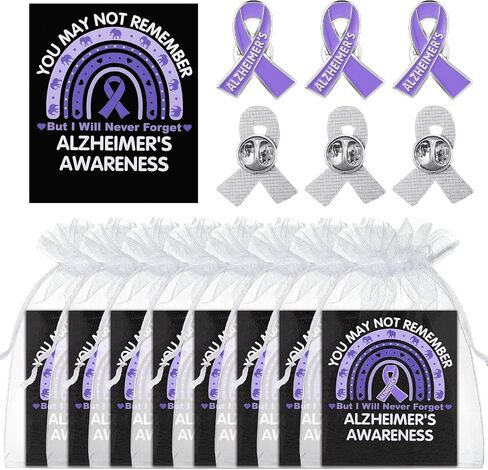 Landical 60 Pcs/30 Sets Alzheimer's Awareness Pins with Card Include 30 Purple Ribbon Lapel Pins and 30 Support Alzheimer's Awareness Cards for Dementia Campaign Support Charity Supplies in Kuwait
