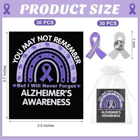 Landical 60 Pcs/30 Sets Alzheimer's Awareness Pins with Card Include 30 Purple Ribbon Lapel Pins and 30 Support Alzheimer's Awareness Cards for Dementia Campaign Support Charity Supplies in Kuwait