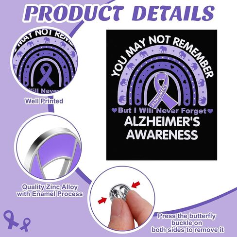 Landical 60 Pcs/30 Sets Alzheimer's Awareness Pins with Card Include 30 Purple Ribbon Lapel Pins and 30 Support Alzheimer's Awareness Cards for Dementia Campaign Support Charity Supplies in Kuwait