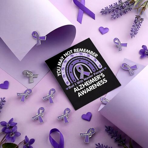 Landical 60 Pcs/30 Sets Alzheimer's Awareness Pins with Card Include 30 Purple Ribbon Lapel Pins and 30 Support Alzheimer's Awareness Cards for Dementia Campaign Support Charity Supplies in Kuwait