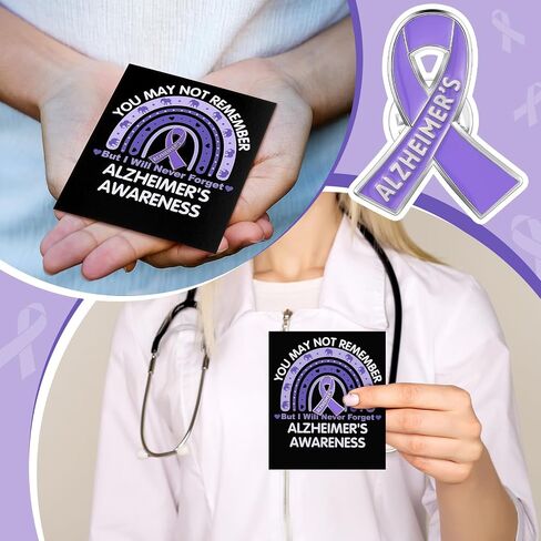 Landical 60 Pcs/30 Sets Alzheimer's Awareness Pins with Card Include 30 Purple Ribbon Lapel Pins and 30 Support Alzheimer's Awareness Cards for Dementia Campaign Support Charity Supplies in Kuwait