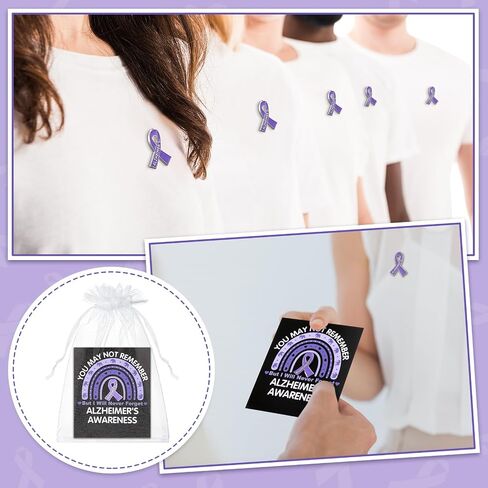 Landical 60 Pcs/30 Sets Alzheimer's Awareness Pins with Card Include 30 Purple Ribbon Lapel Pins and 30 Support Alzheimer's Awareness Cards for Dementia Campaign Support Charity Supplies in Kuwait
