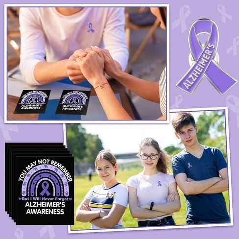Landical 60 Pcs/30 Sets Alzheimer's Awareness Pins with Card Include 30 Purple Ribbon Lapel Pins and 30 Support Alzheimer's Awareness Cards for Dementia Campaign Support Charity Supplies in Kuwait