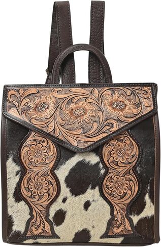 Merbaa Western Leather Backpack for Women, Genuine Cowhide Hair-On Bag, Hand Tooled Floral Design, Vintage Rustic Travel Backpack Purse, Brown in Saudi Arabia