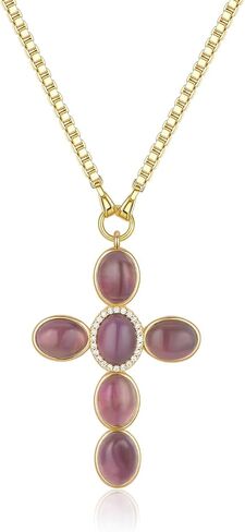 NUZON 14K Gold Plated Gemstone Cross Pendant Necklace for Women Turquoise/Tiger Eye/Amethyst/Obsidian/Moonstone/Rose Quartz Crucifix Faith Protection Jewelry Gift Adjustable Box Chain 18''+ 2'' in Saudi Arabia