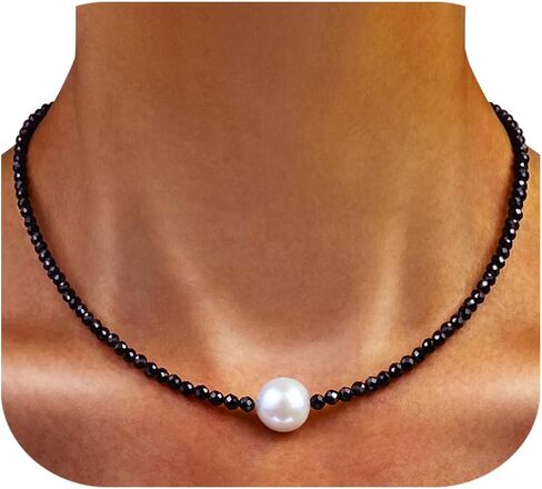 Single Pearl Choker Pendant Necklaces for Women, Natural Gemstone Womens Black Stone Beaded Choker Necklace, Dainty Round Freshwater Pearl Handmade Jewelry Gift Women Birthday Bridesmaids Anniversary 16 18 inch in Saudi Arabia