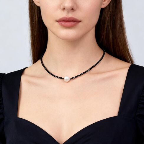 Single Pearl Choker Pendant Necklaces for Women, Natural Gemstone Womens Black Stone Beaded Choker Necklace, Dainty Round Freshwater Pearl Handmade Jewelry Gift Women Birthday Bridesmaids Anniversary 16 18 inch in Saudi Arabia