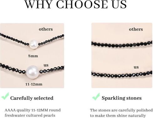 Single Pearl Choker Pendant Necklaces for Women, Natural Gemstone Womens Black Stone Beaded Choker Necklace, Dainty Round Freshwater Pearl Handmade Jewelry Gift Women Birthday Bridesmaids Anniversary 16 18 inch in Saudi Arabia