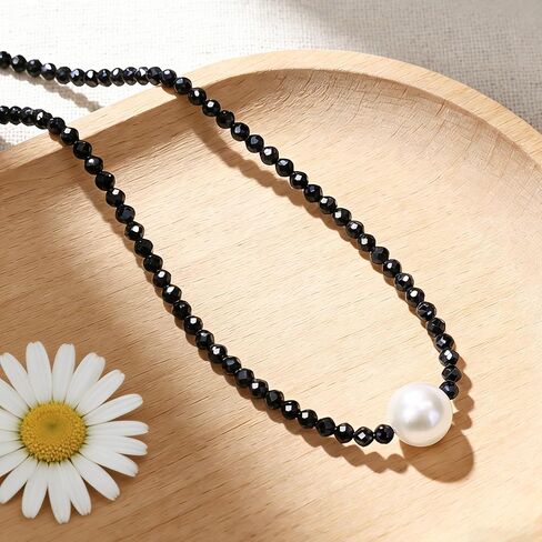 Single Pearl Choker Pendant Necklaces for Women, Natural Gemstone Womens Black Stone Beaded Choker Necklace, Dainty Round Freshwater Pearl Handmade Jewelry Gift Women Birthday Bridesmaids Anniversary 16 18 inch in Saudi Arabia