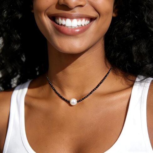 Single Pearl Choker Pendant Necklaces for Women, Natural Gemstone Womens Black Stone Beaded Choker Necklace, Dainty Round Freshwater Pearl Handmade Jewelry Gift Women Birthday Bridesmaids Anniversary 16 18 inch in Saudi Arabia