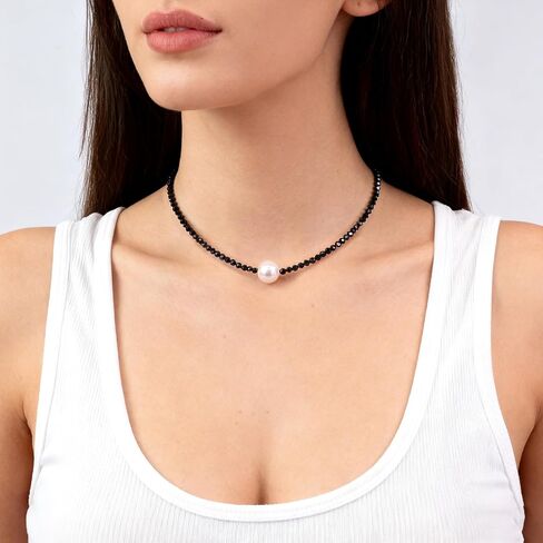 Single Pearl Choker Pendant Necklaces for Women, Natural Gemstone Womens Black Stone Beaded Choker Necklace, Dainty Round Freshwater Pearl Handmade Jewelry Gift Women Birthday Bridesmaids Anniversary 16 18 inch in Saudi Arabia