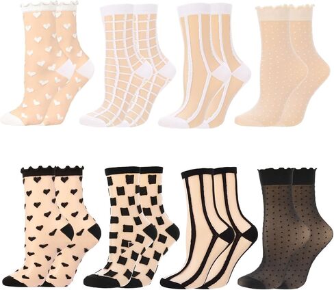 8 Pairs Women's Sheer Ruffle Socks Summer Transparent Lace Ankle High Mid Calf Socks Thin Lace See Through Sock in Saudi Arabia