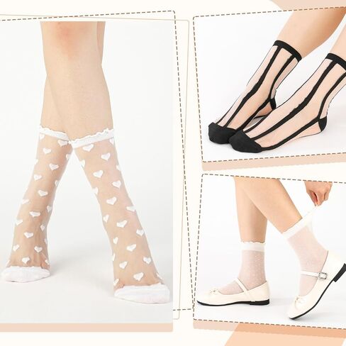 8 Pairs Women's Sheer Ruffle Socks Summer Transparent Lace Ankle High Mid Calf Socks Thin Lace See Through Sock in Saudi Arabia